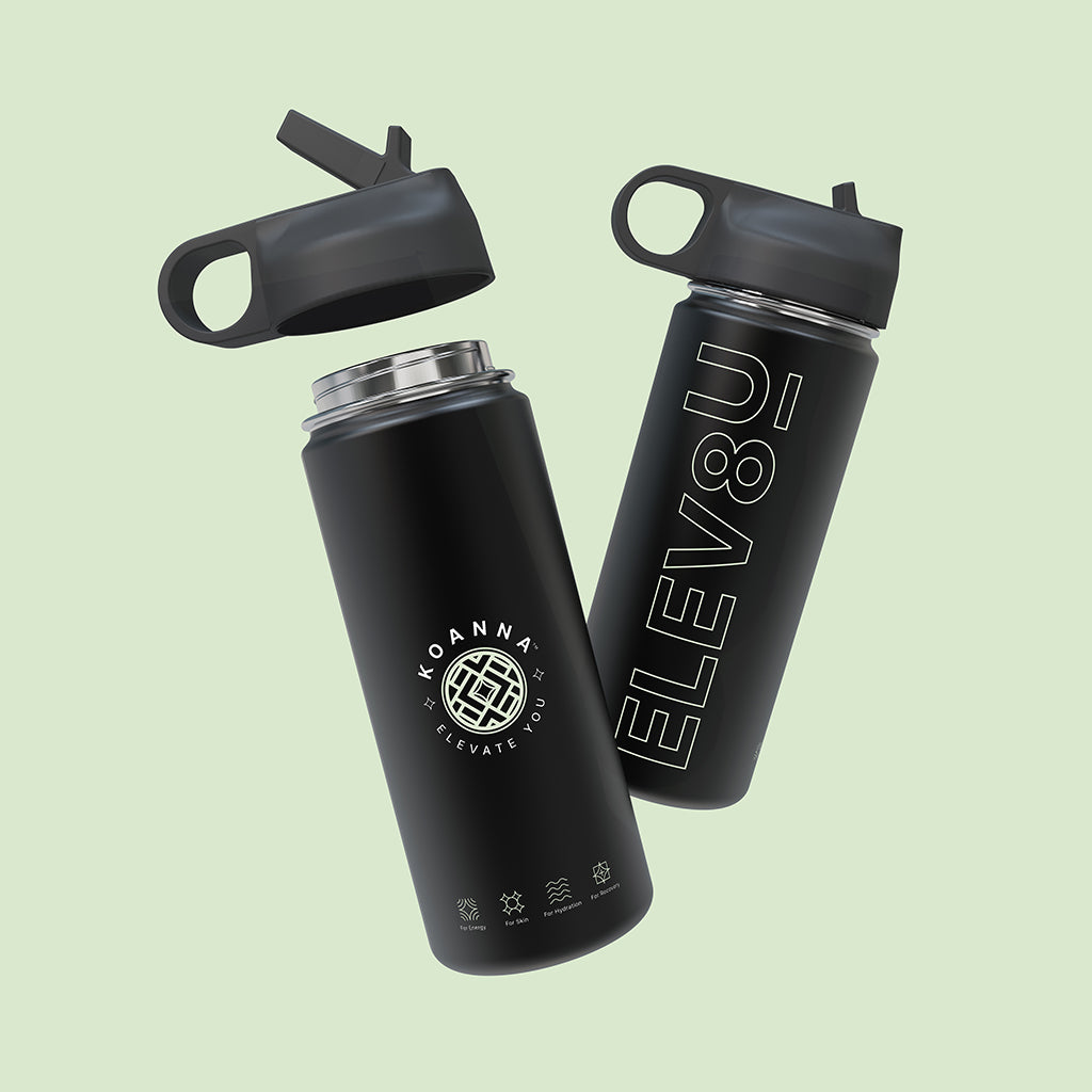 Black Koanna Elevate bottle once with the lid closed and once with the lid off.
